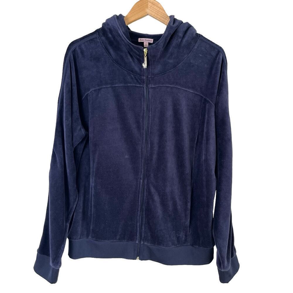 Juicy Couture Y2K Velvet Hoodie Track Jacket Bling Zipper Pull Tab Navy Blue, XL